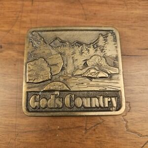 Vintage 1976 Adezy God's Country Belt Buckle Brass Plated Mountains Waterfall